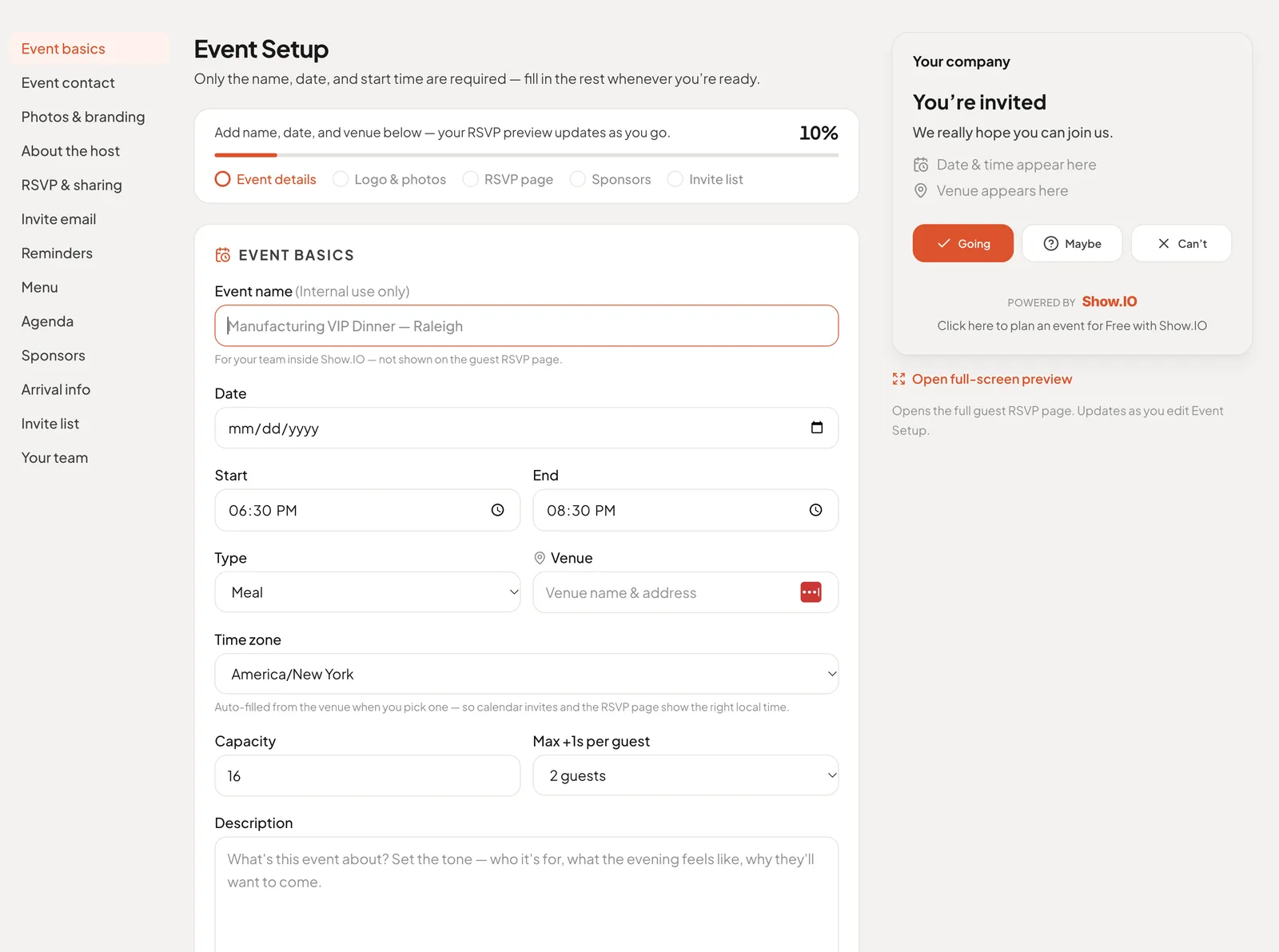 Event setup and invite management tool