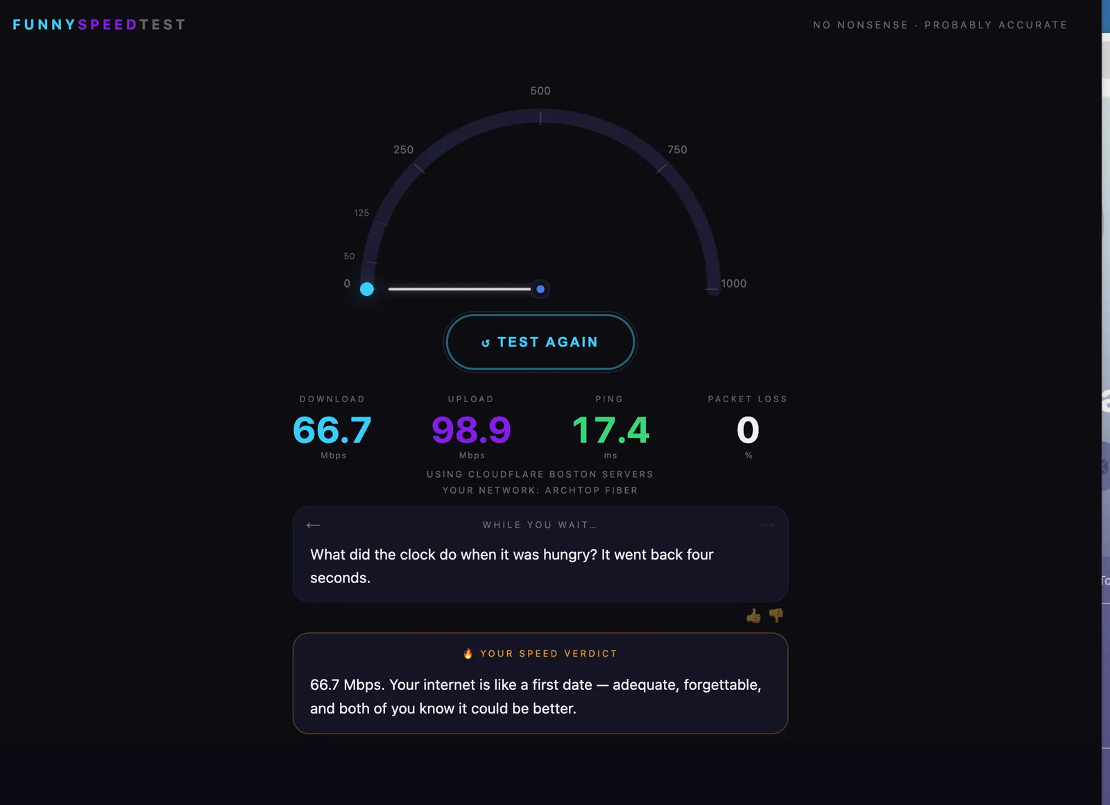 Funny Speed Test showing a joke while the test runs