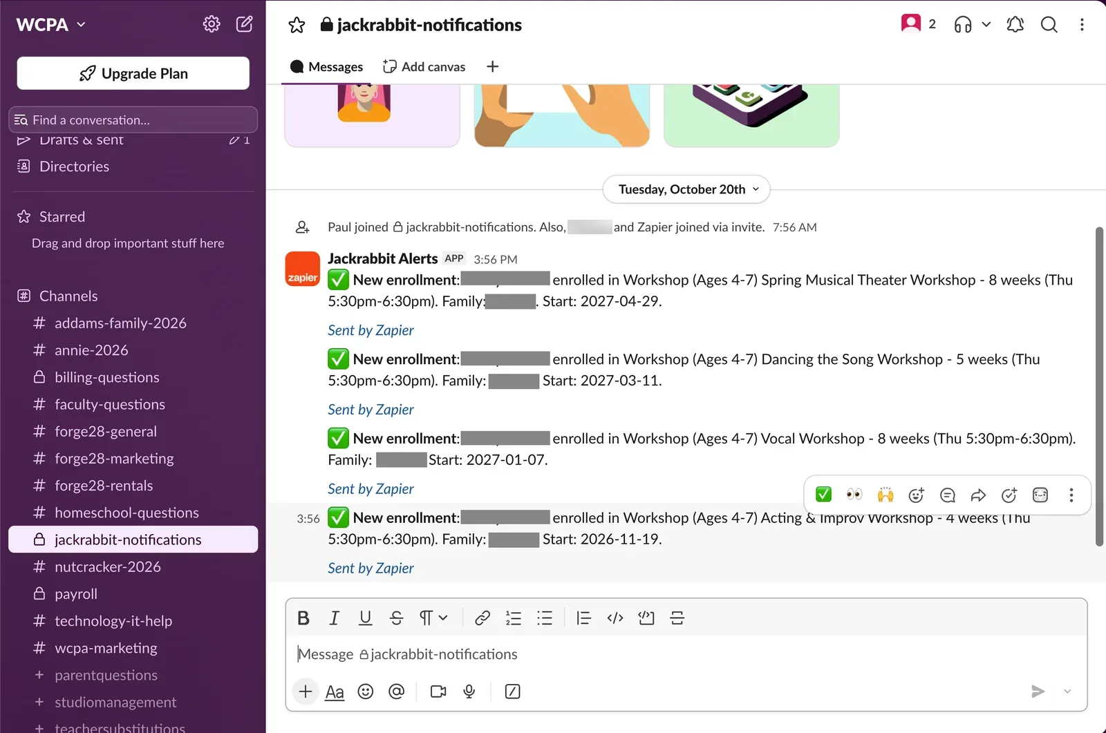 Slack channel showing new enrollment alerts
