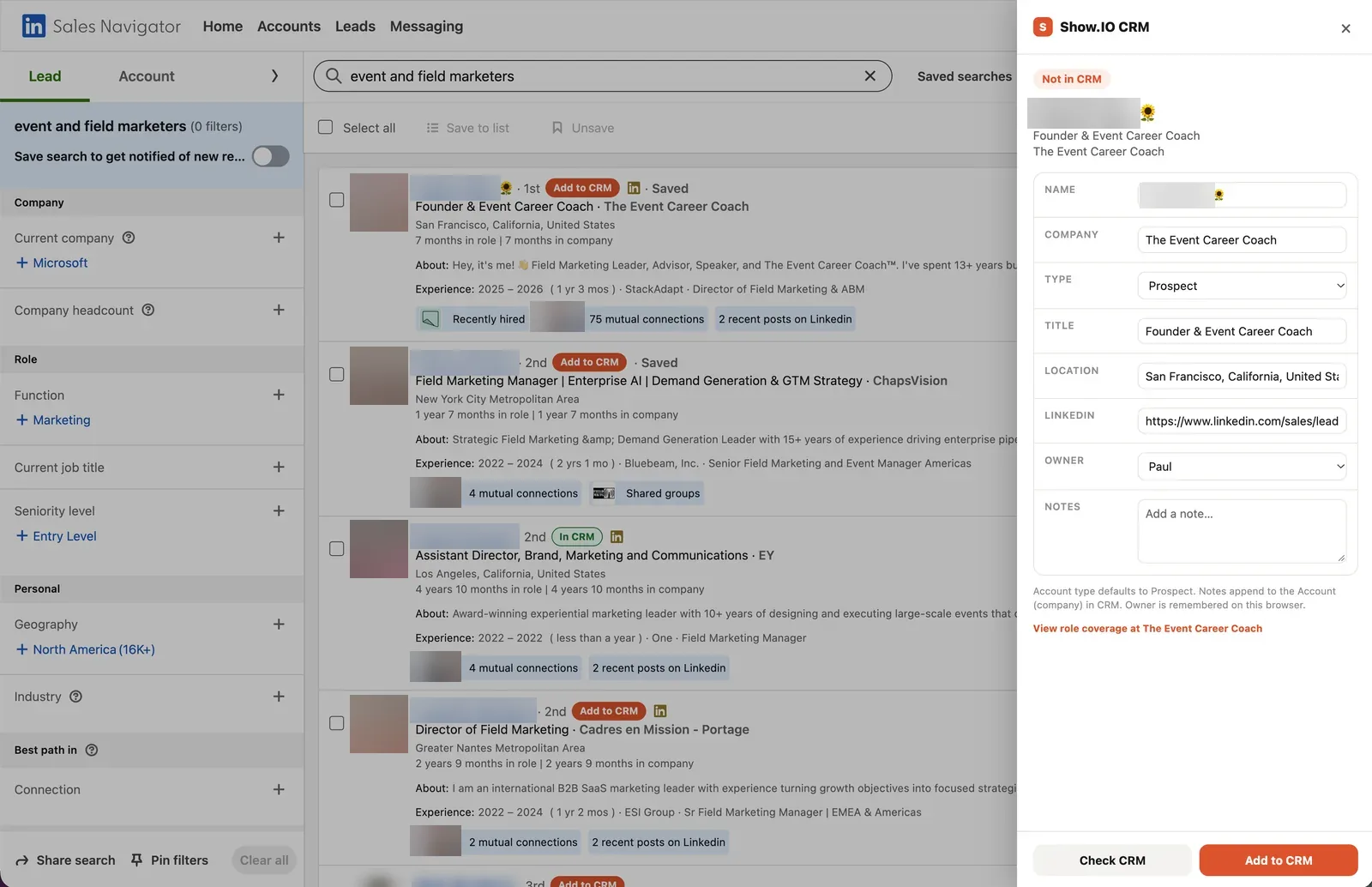 CRM side panel on a LinkedIn Sales Navigator lead list