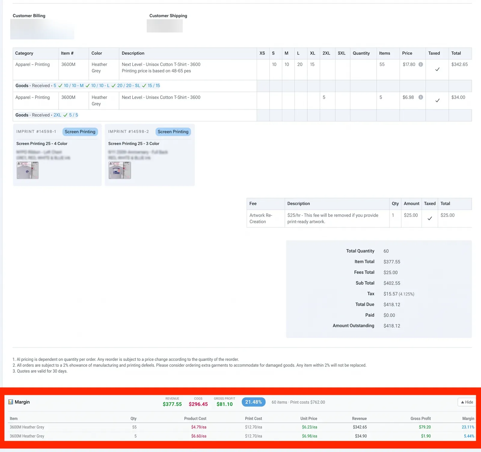 Gross margin section on an invoice