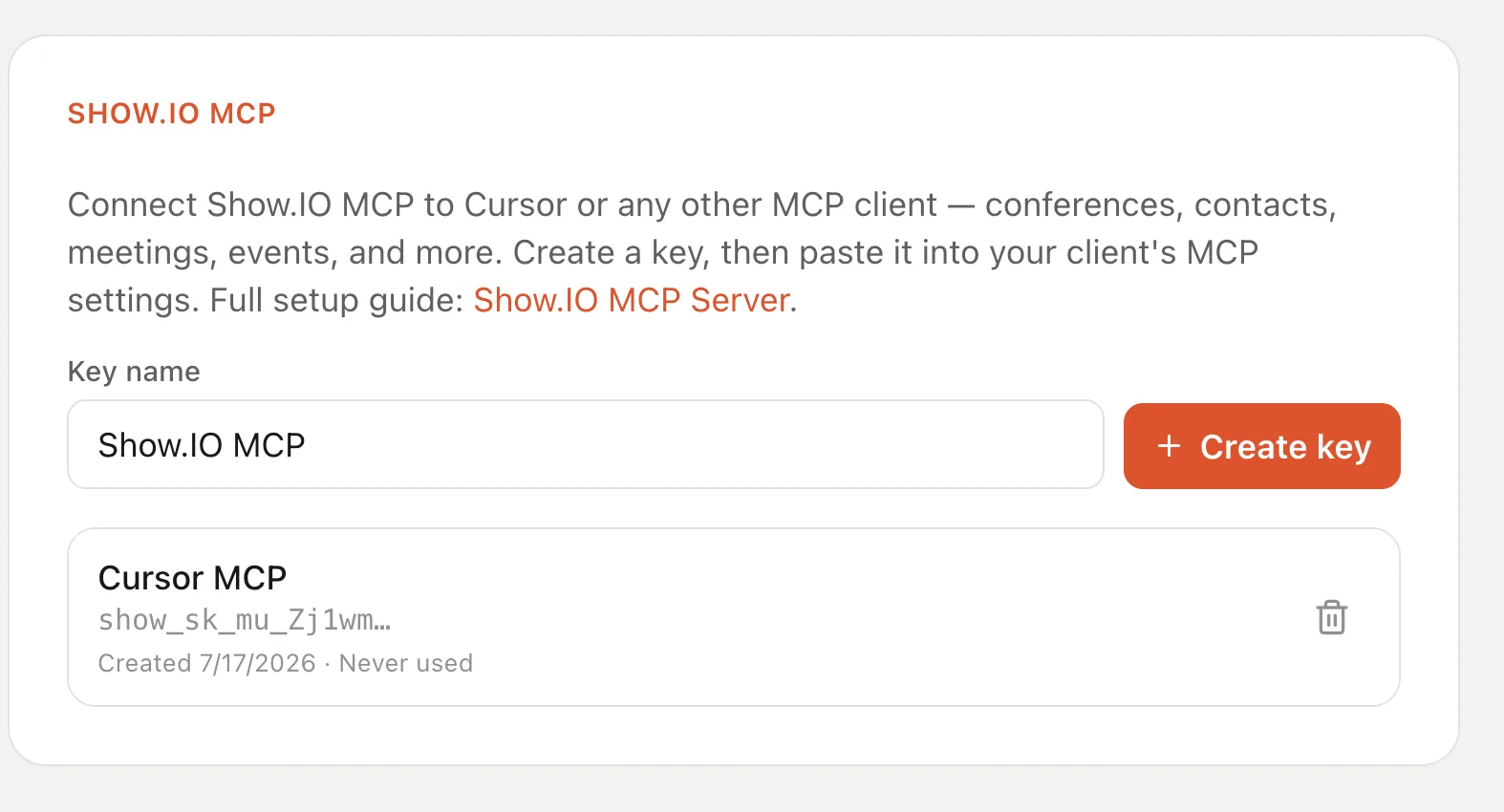 MCP key management screen in a custom application
