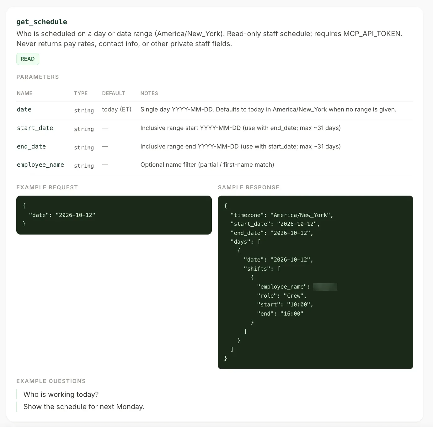 MCP tool documentation for the restaurant backend