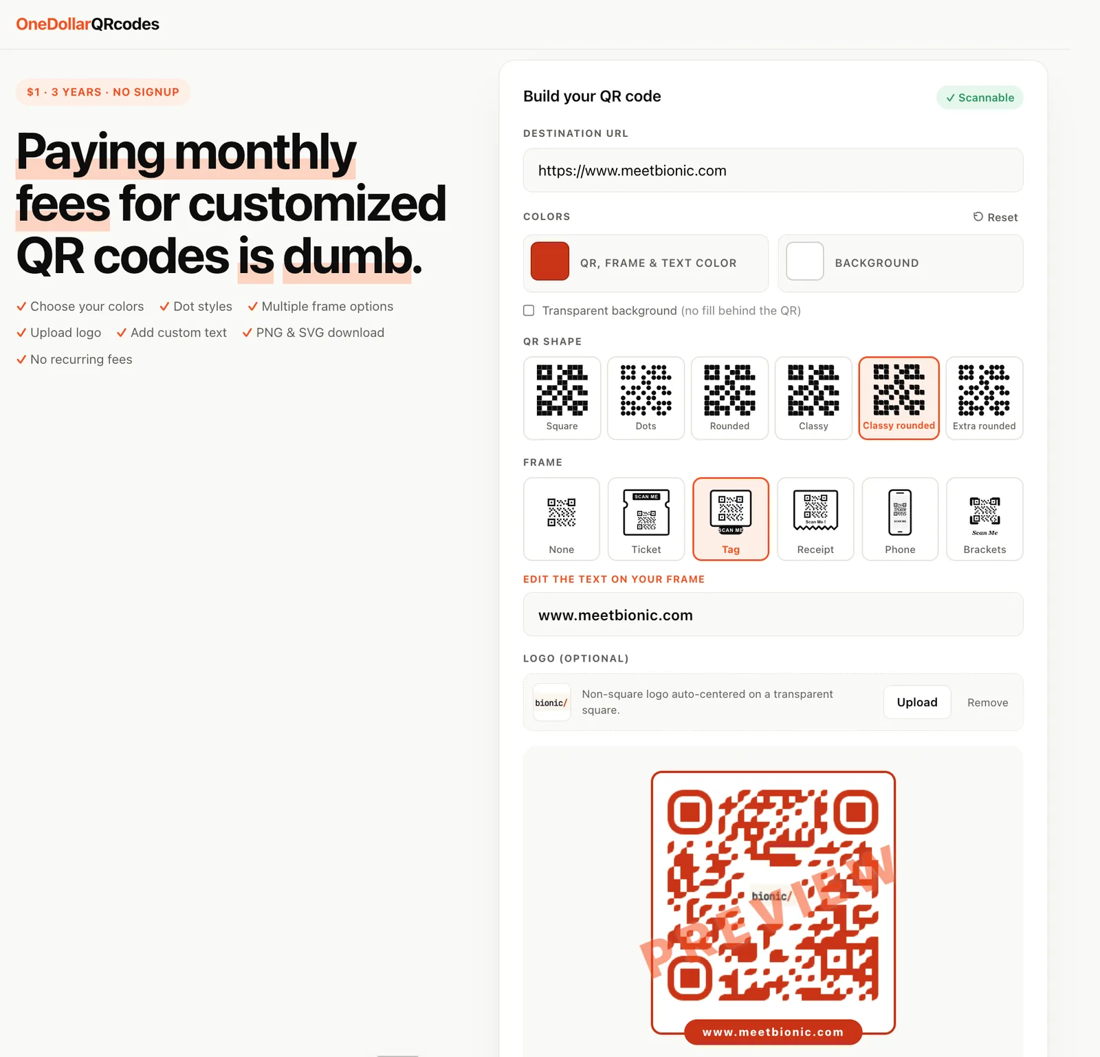 OneDollarQRcodes.com QR code builder