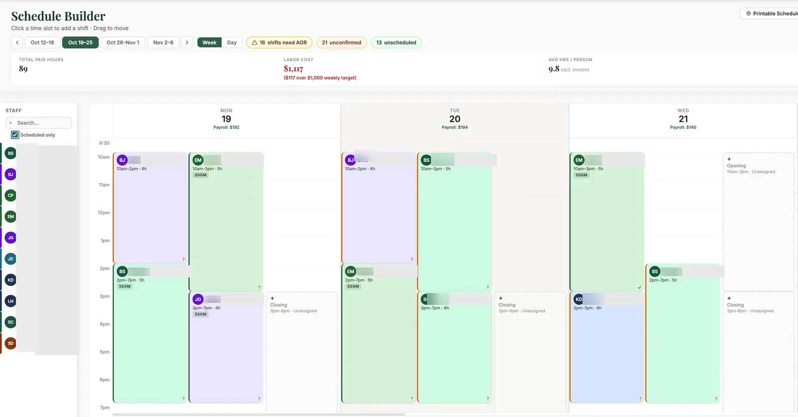 Schedule builder screen 1