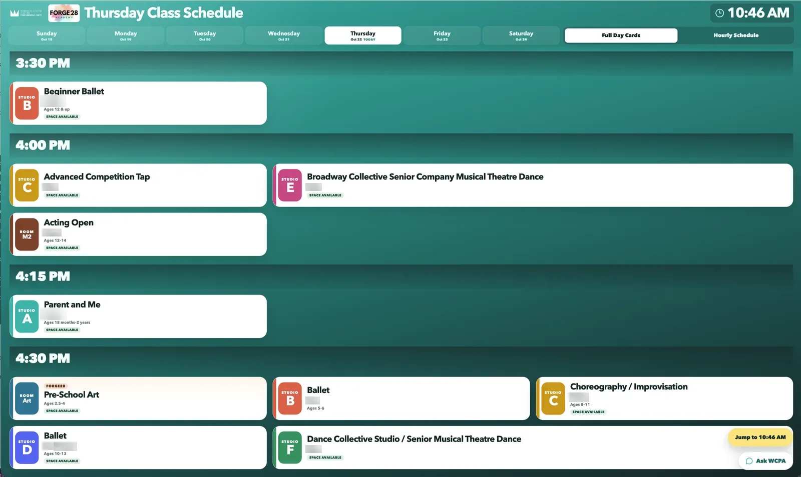 Class schedule screen 1