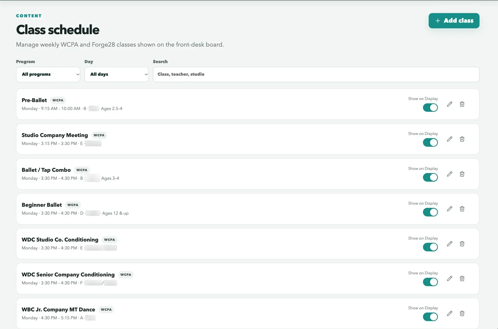 Class schedule screen 3
