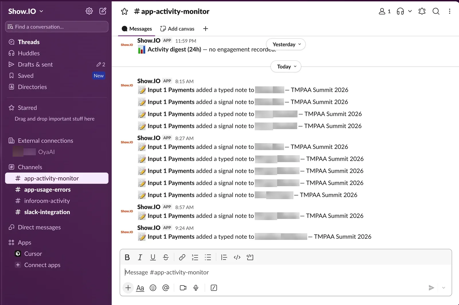 Slack channel showing automated activity updates