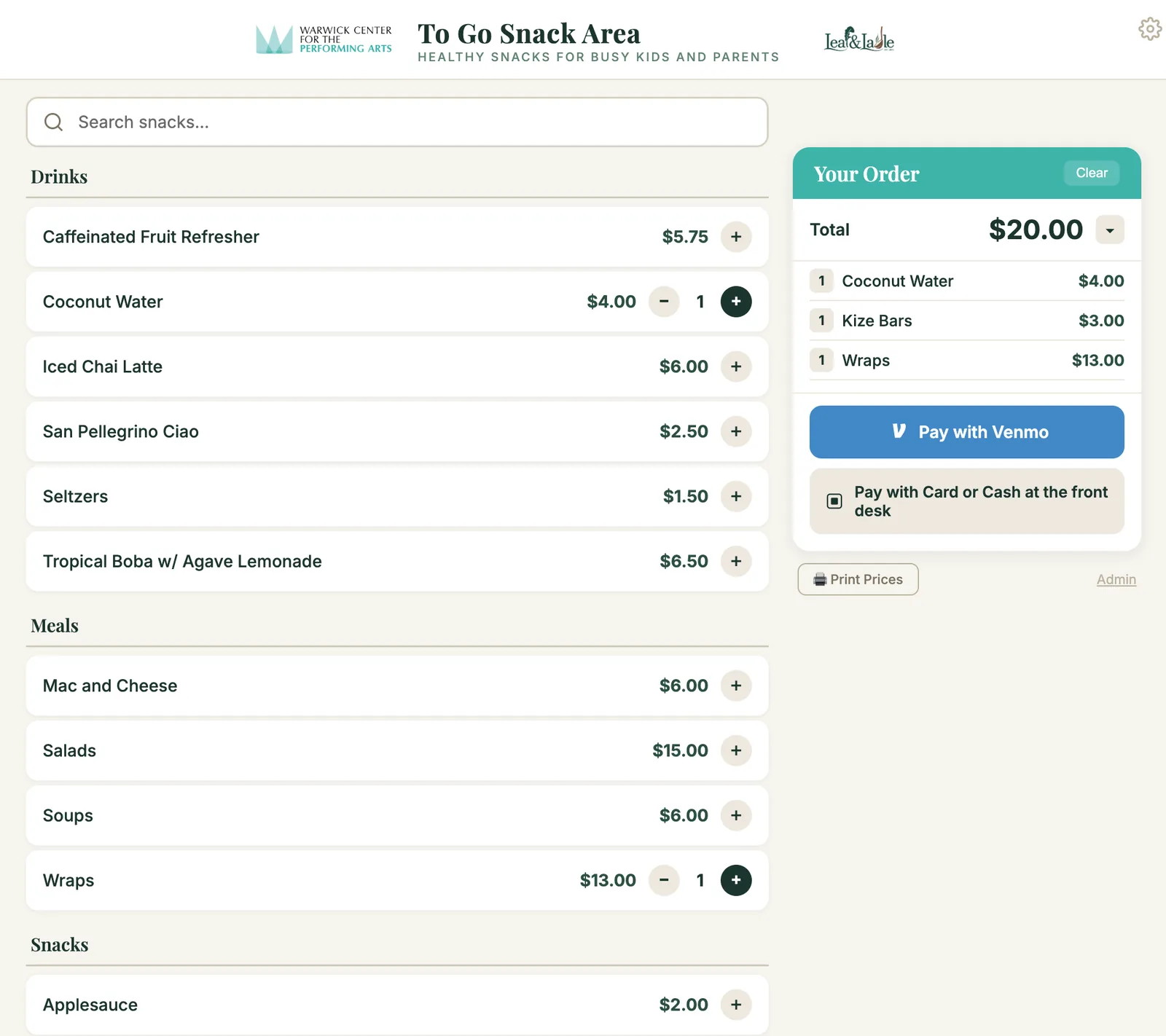 Snack ordering screen 1