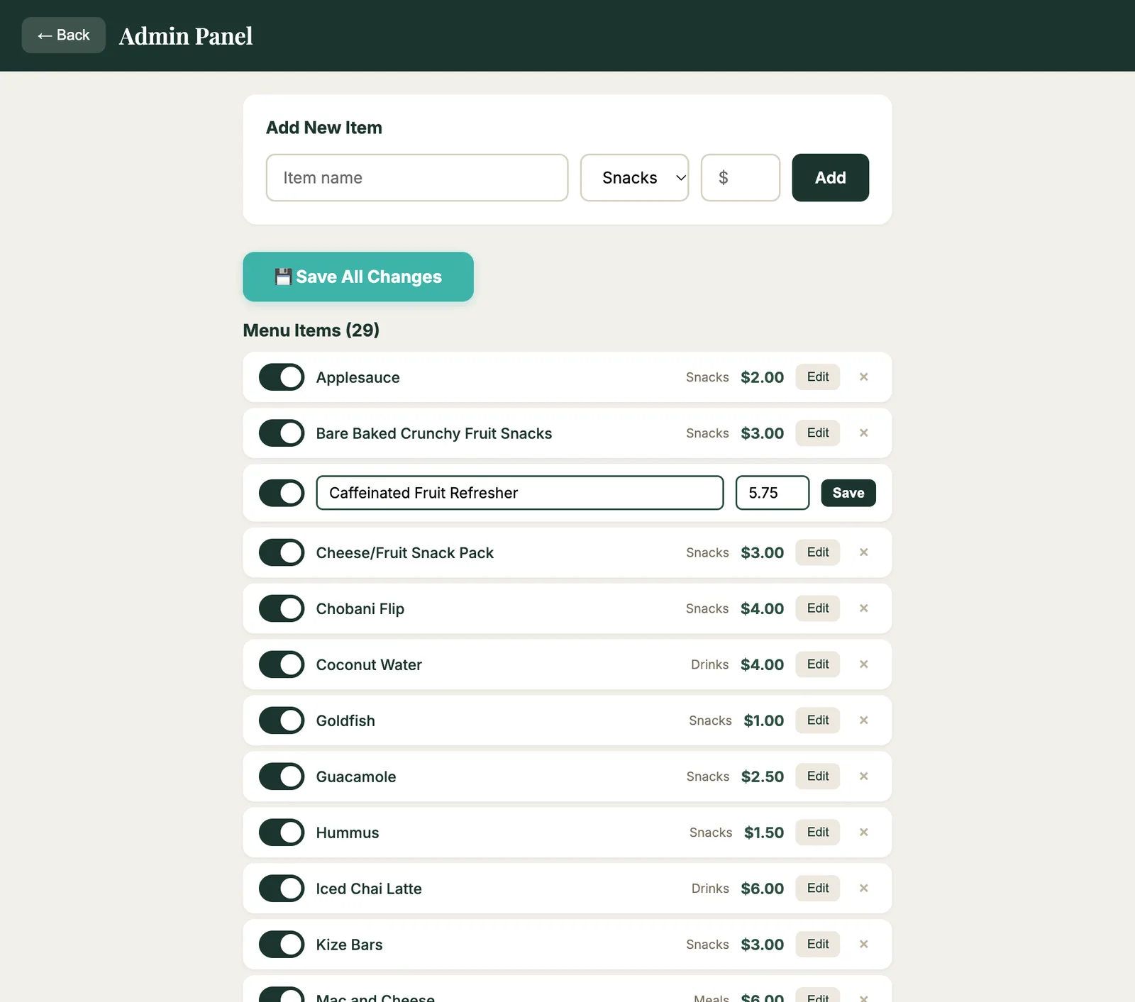 Snack ordering screen 2