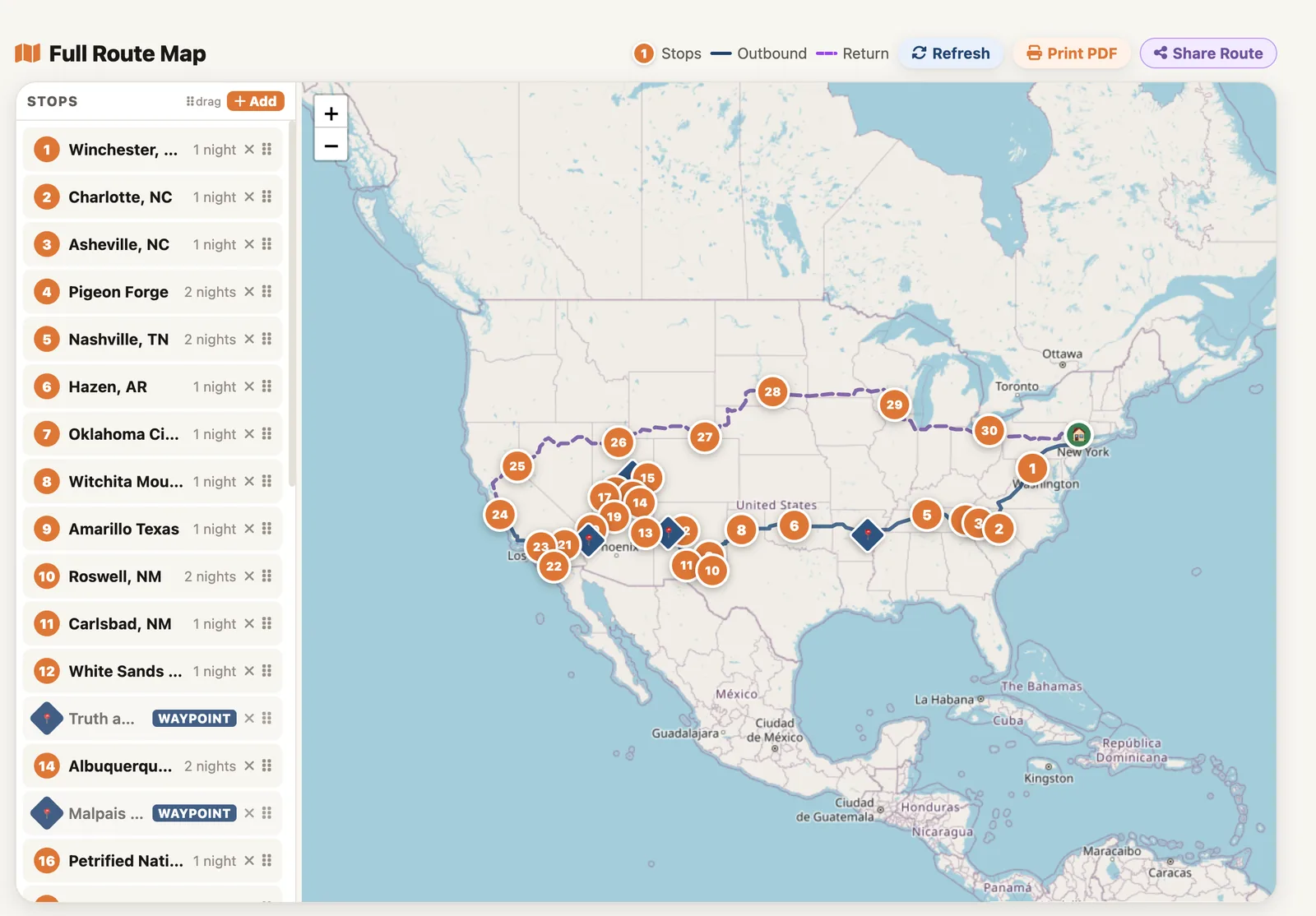Road trip planner screen 1