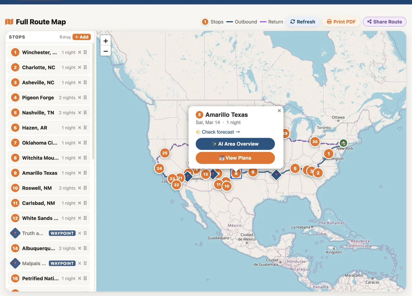 Road trip planner screen 2
